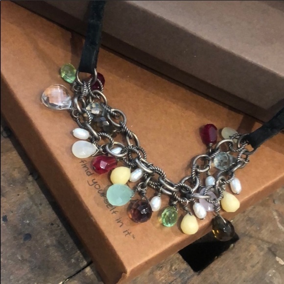 Silpada necklace multi color/multiple gem and pearl necklace  stitched leather - Picture 2 of 4